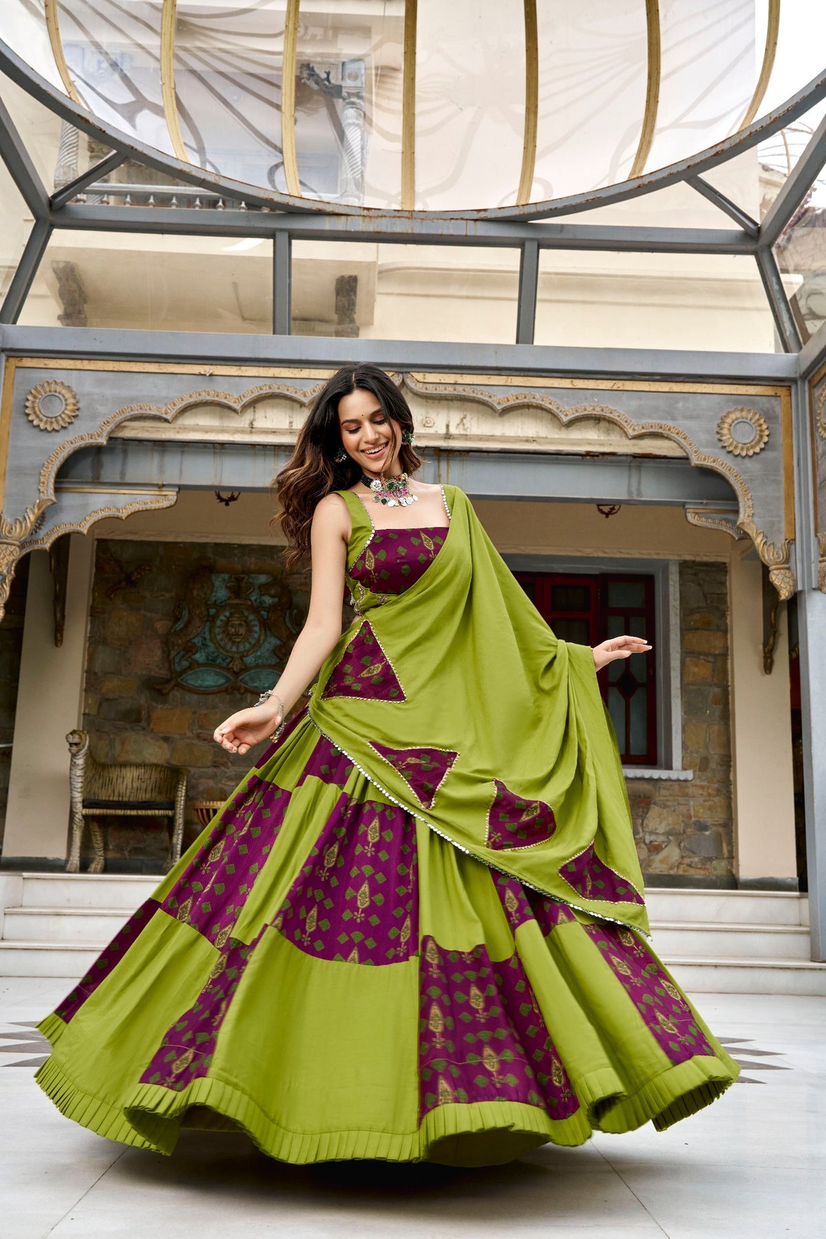 Saibo Rayon Ajrakh Printed Designer Lehenga Choli With Gotta Patti & Mirror Lace Work