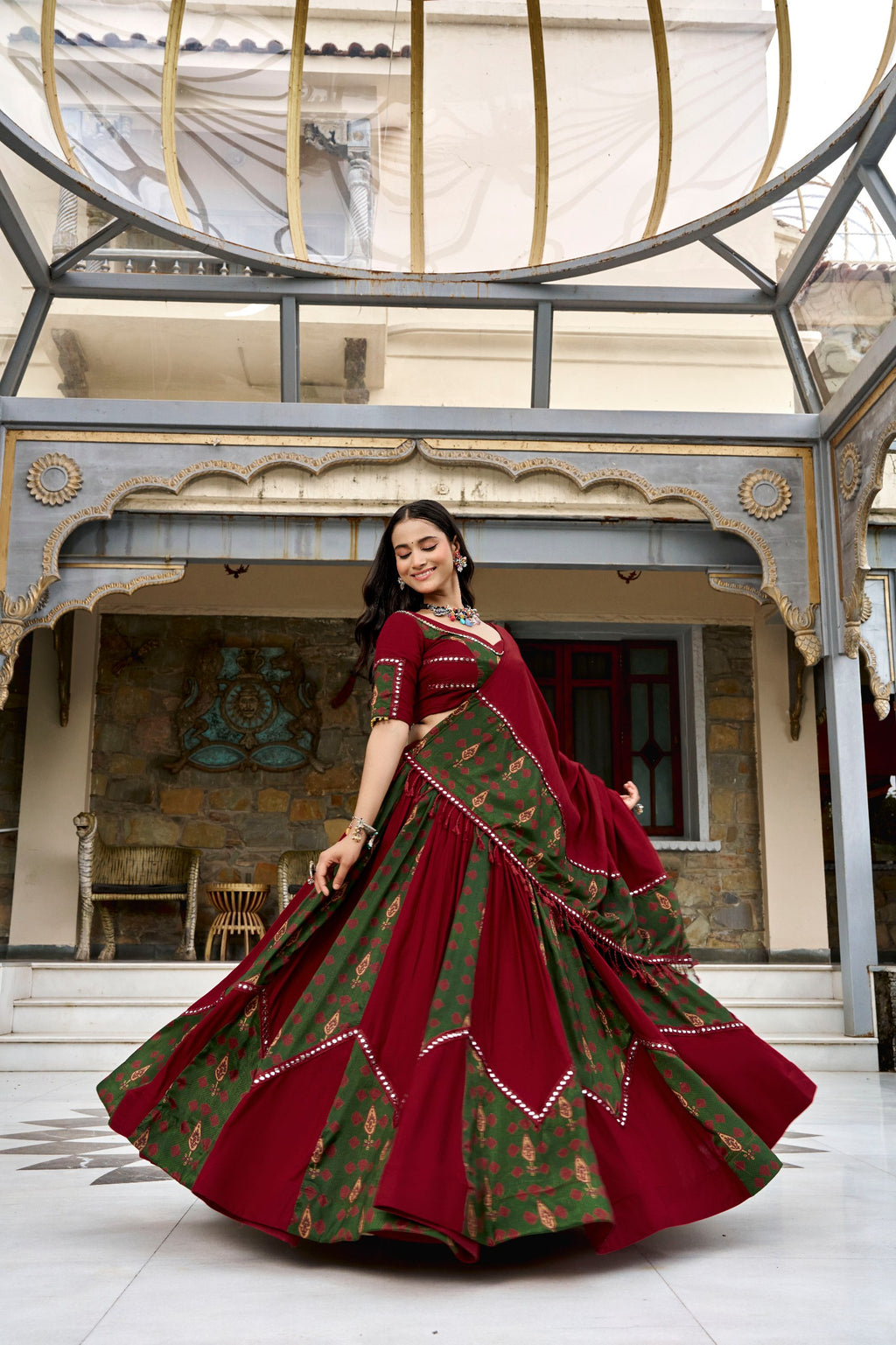 Saibo Rayon Ajrakh Printed Designer Lehenga Choli With Gotta Patti & Mirror Lace Work