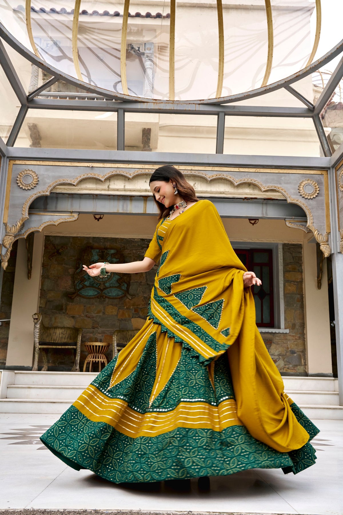 Saibo Rayon Ajrakh Printed Designer Lehenga Choli With Gotta Patti & Mirror Lace Work