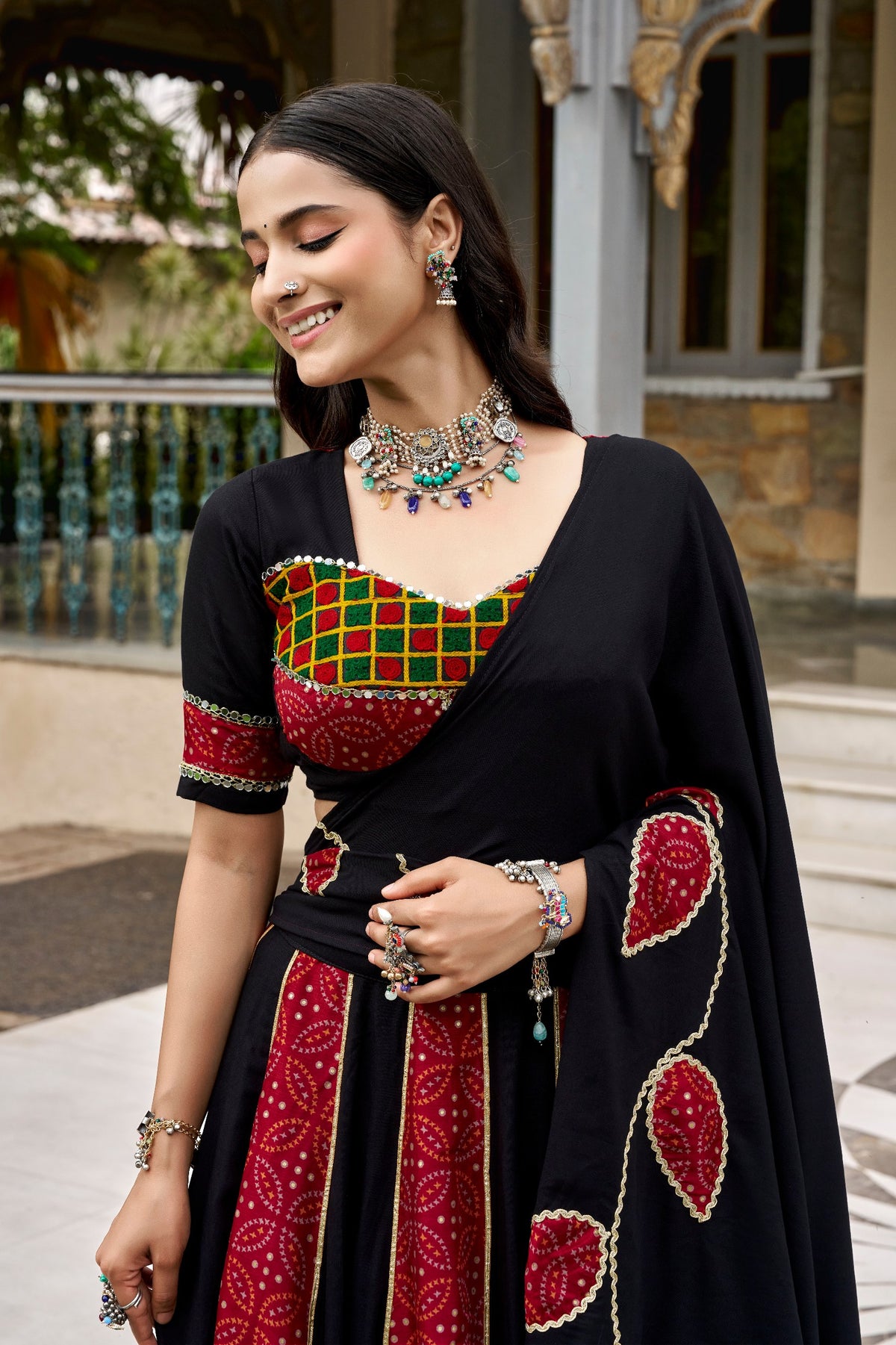 Saibo Rayon Ajrakh Printed Designer Lehenga Choli With Gotta Patti & Mirror Lace Work