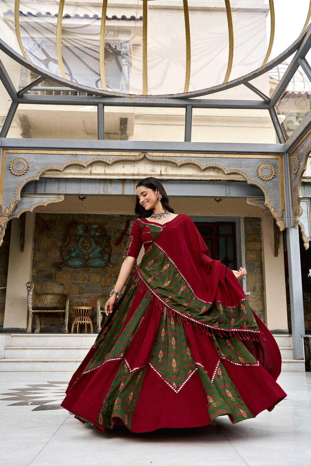 Saibo Rayon Ajrakh Printed Designer Lehenga Choli With Gotta Patti & Mirror Lace Work