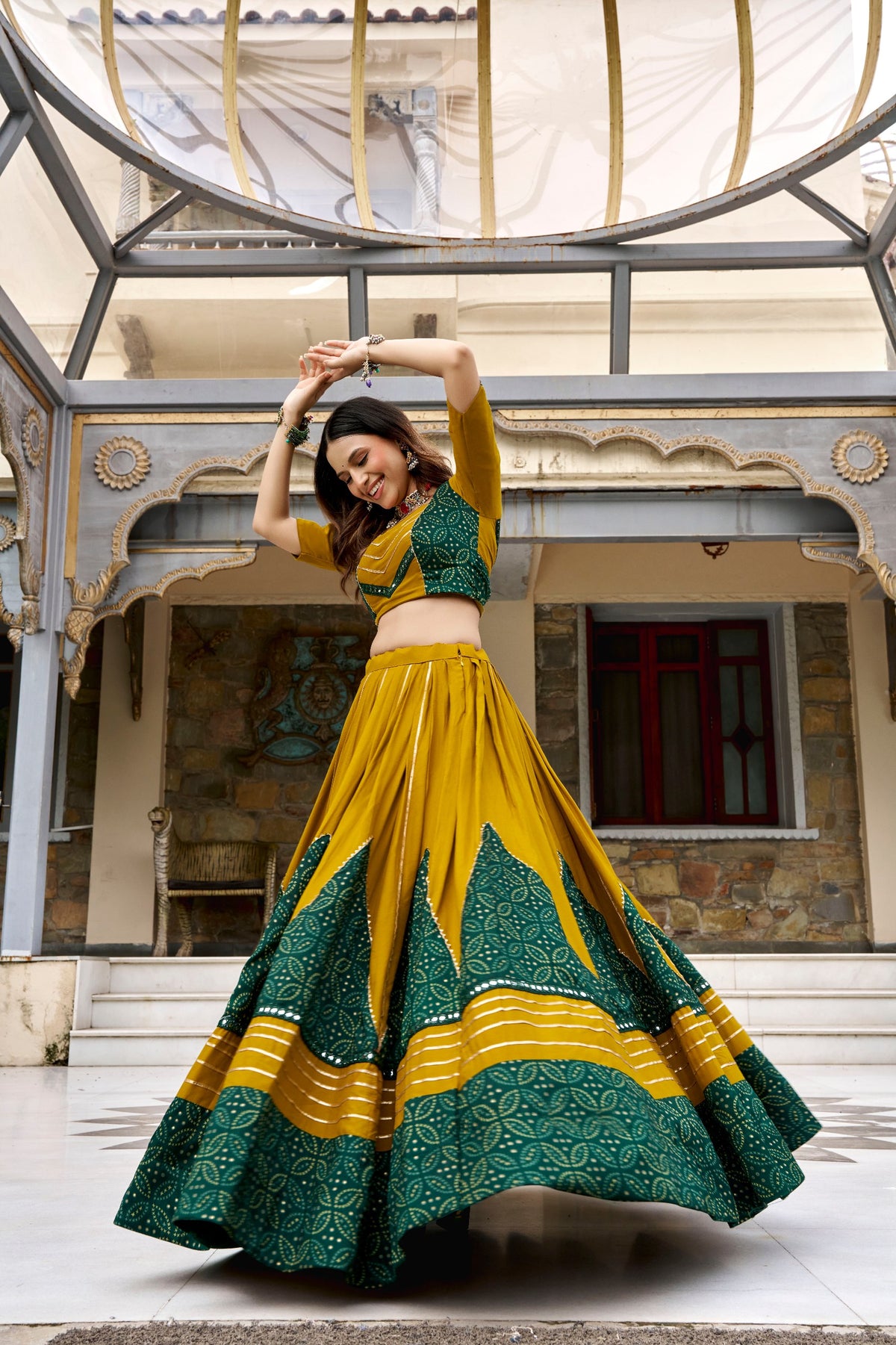 Saibo Rayon Ajrakh Printed Designer Lehenga Choli With Gotta Patti & Mirror Lace Work
