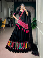 Kaali Black Khadi Cotton Designer Lehenga Choli With Multicolor Patchwork & Gamthi Lace