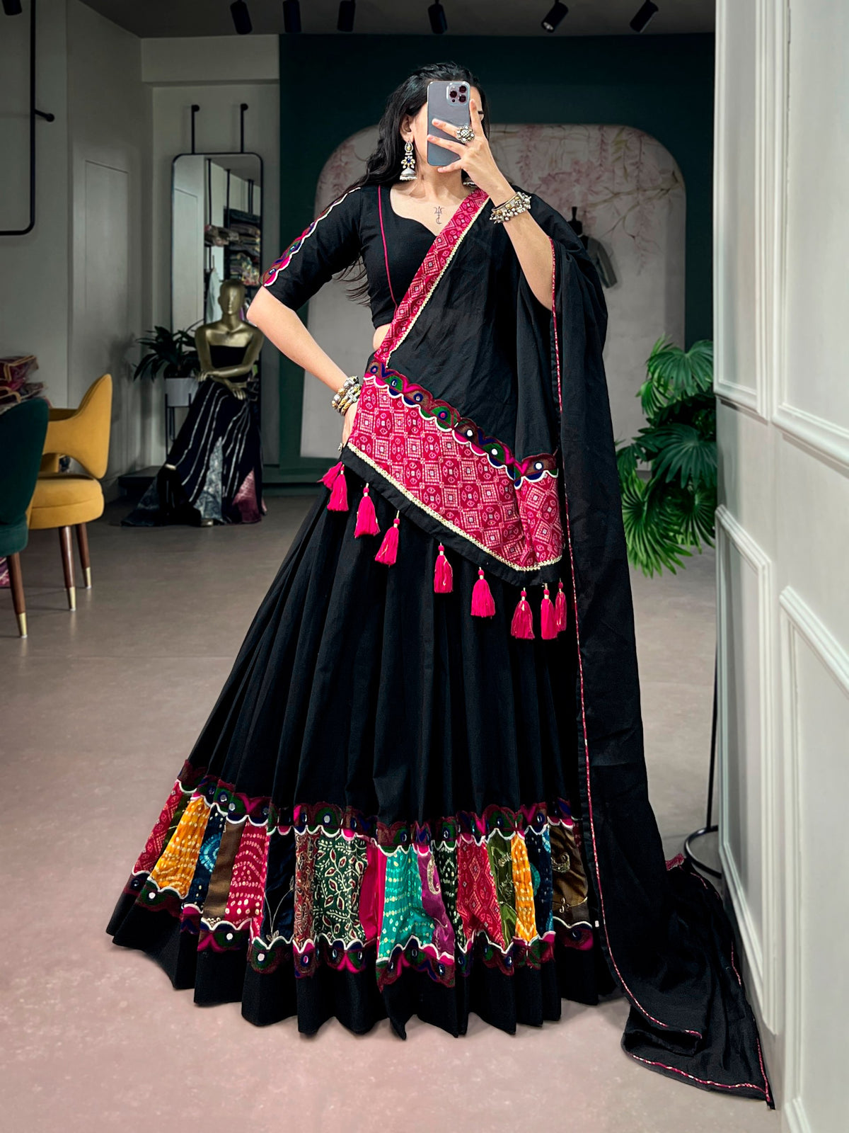 Kaali Black Khadi Cotton Designer Lehenga Choli With Multicolor Patchwork & Gamthi Lace