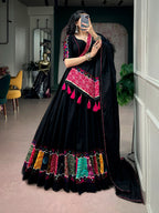 Kaali Black Khadi Cotton Designer Lehenga Choli With Multicolor Patchwork & Gamthi Lace