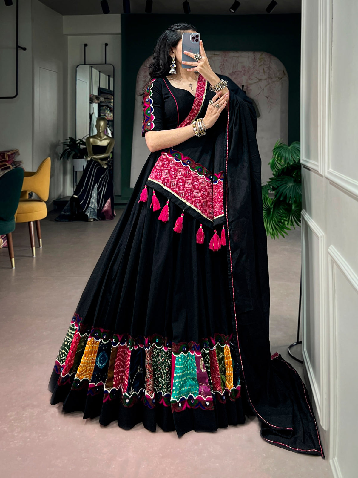 Kaali Black Khadi Cotton Designer Lehenga Choli With Multicolor Patchwork & Gamthi Lace