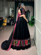 Kaali Black Khadi Cotton Designer Lehenga Choli With Multicolor Patchwork & Gamthi Lace