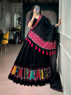 Kaali Black Khadi Cotton Designer Lehenga Choli With Multicolor Patchwork & Gamthi Lace