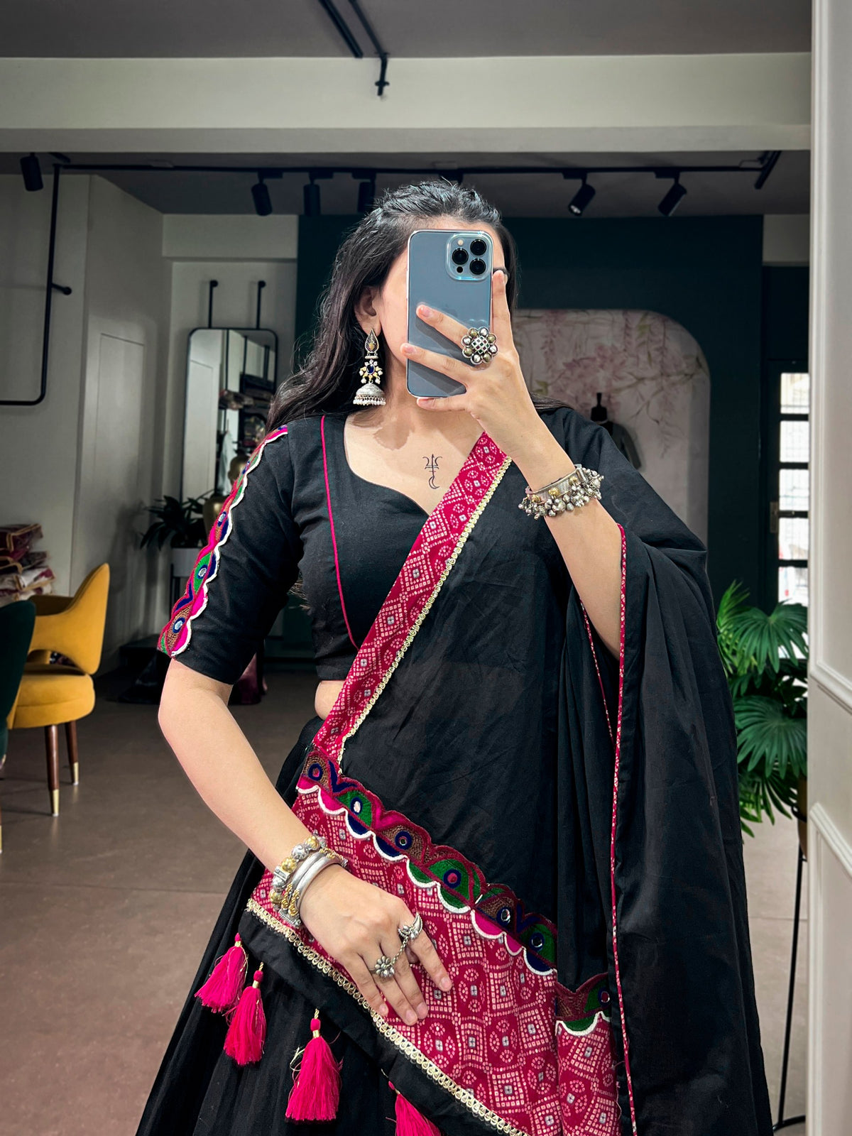 Kaali Black Khadi Cotton Designer Lehenga Choli With Multicolor Patchwork & Gamthi Lace