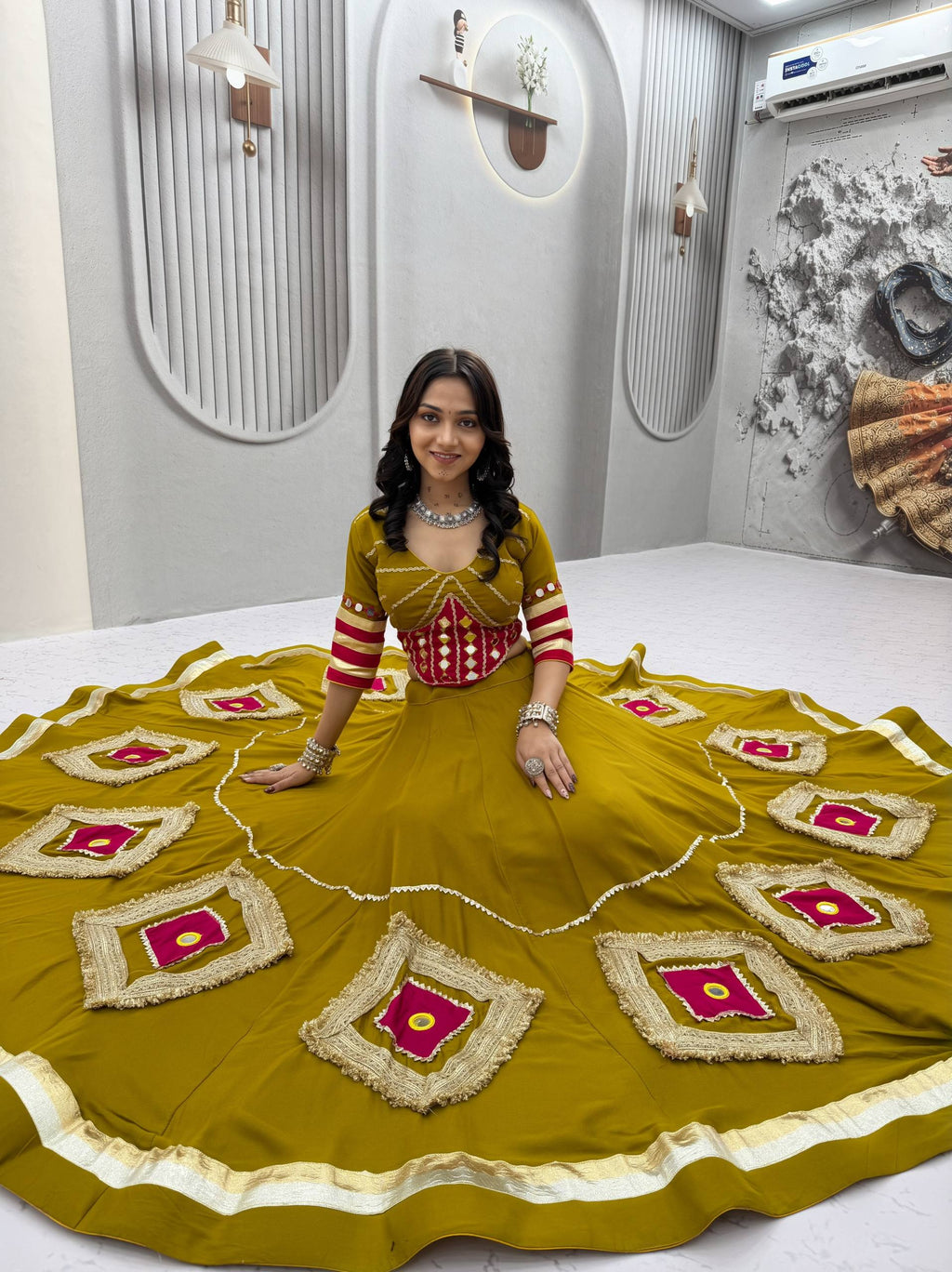 Gujarati Style Pure Cotton Heavy Mirror Hand Work Lehenga Choli with Intricate Lace Detailing, Fully Stitched 6 Metre Flair and Festive Ethnic Wear