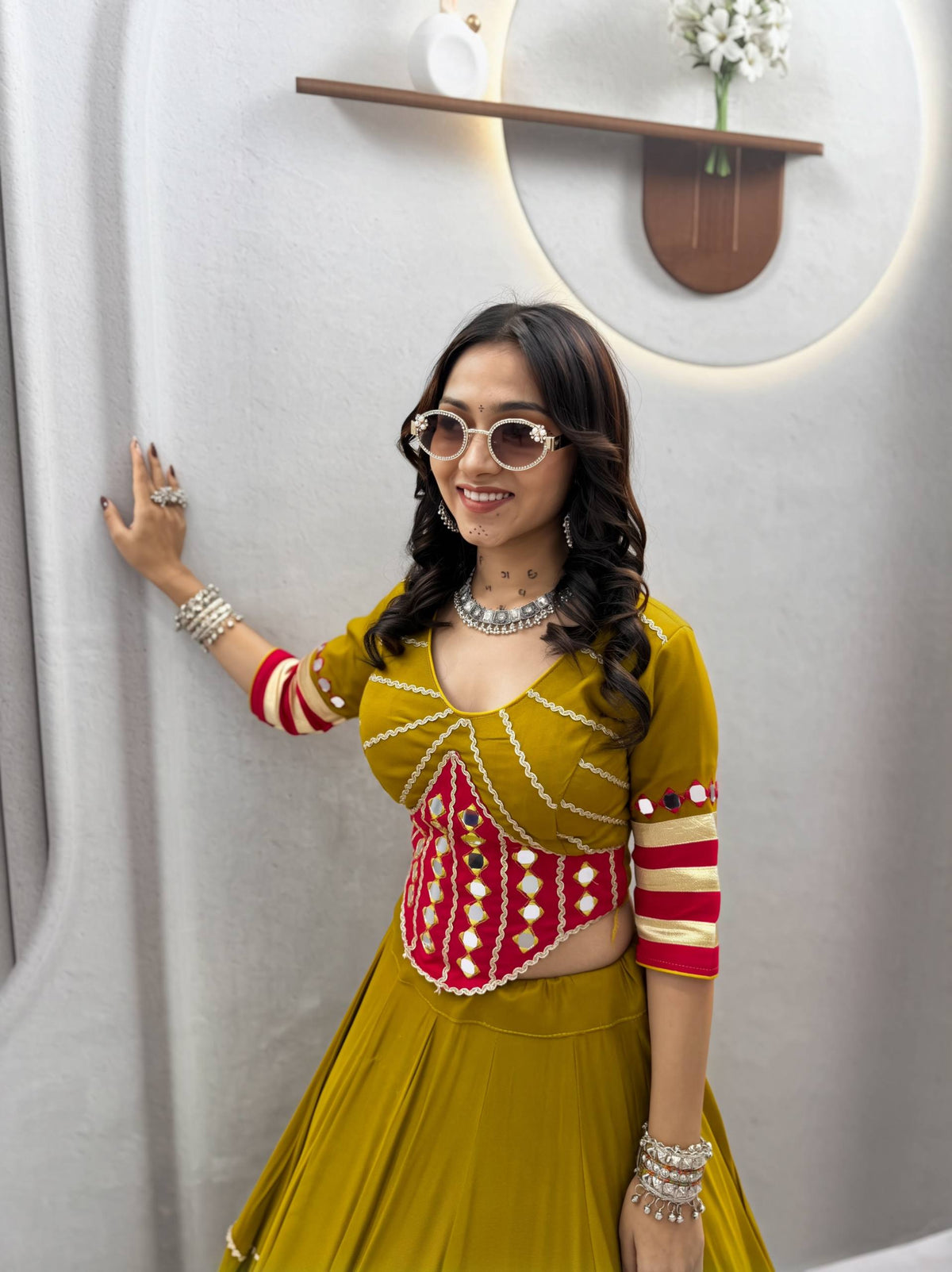 Gujarati Style Pure Cotton Heavy Mirror Hand Work Lehenga Choli with Intricate Lace Detailing, Fully Stitched 6 Metre Flair and Festive Ethnic Wear