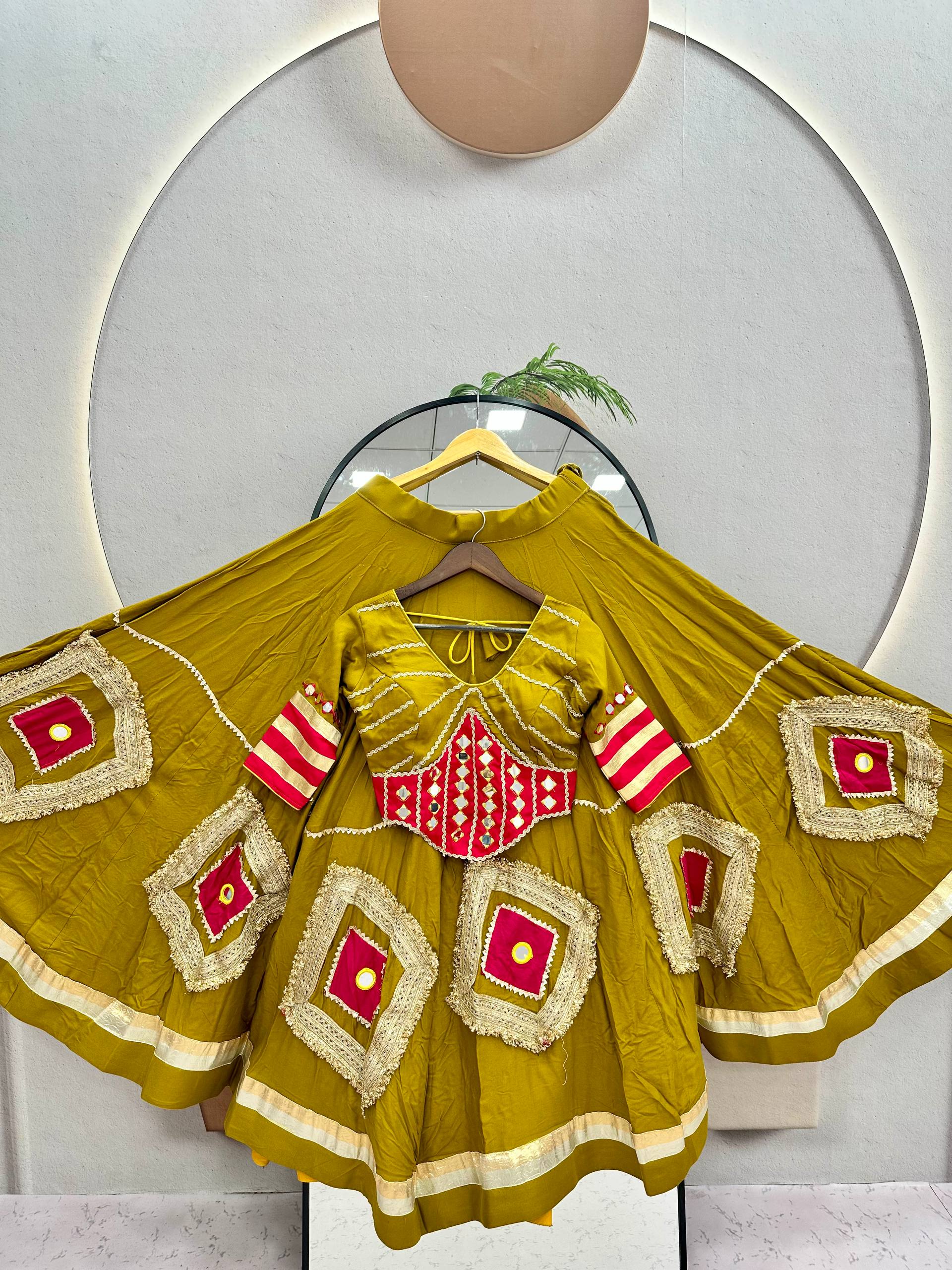 Gujarati Style Pure Cotton Heavy Mirror Hand Work Lehenga Choli with Intricate Lace Detailing, Fully Stitched 6 Metre Flair and Festive Ethnic Wear