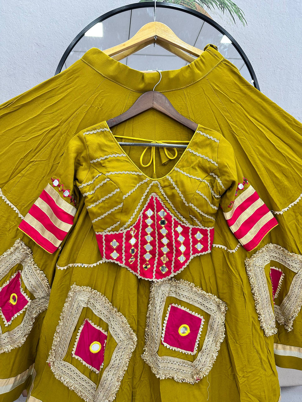 Gujarati Style Pure Cotton Heavy Mirror Hand Work Lehenga Choli with Intricate Lace Detailing, Fully Stitched 6 Metre Flair and Festive Ethnic Wear