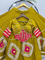 Gujarati Style Pure Cotton Heavy Mirror Hand Work Lehenga Choli with Intricate Lace Detailing, Fully Stitched 6 Metre Flair and Festive Ethnic Wear