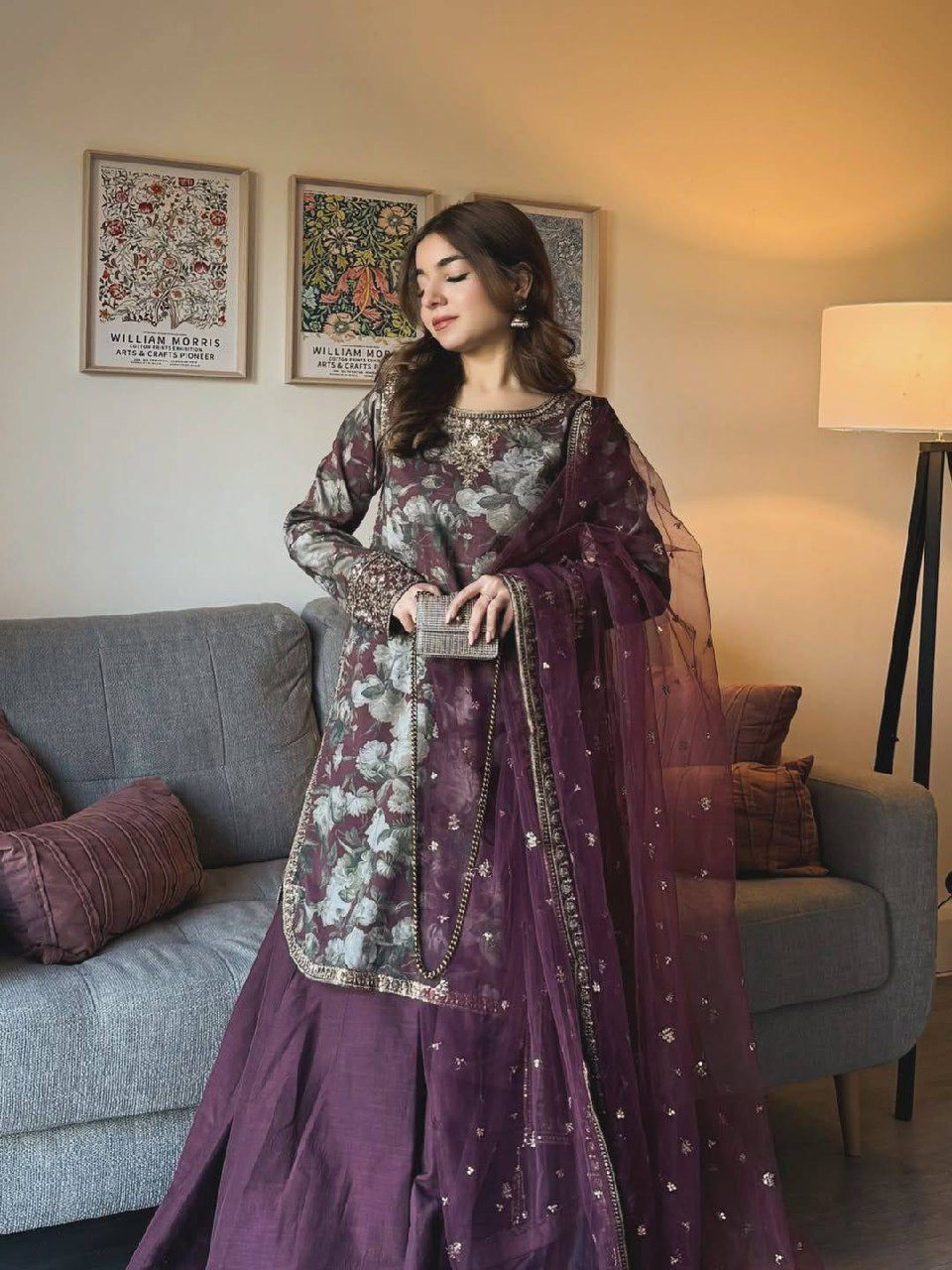 Pranvika Maslin Cotton Digital Print, Thread, Zari & 5mm Sequins Embroidered Kurti with Palazzo & Organza Silk Dupatta