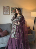 Pranvika Maslin Cotton Digital Print, Thread, Zari & 5mm Sequins Embroidered Kurti with Palazzo & Organza Silk Dupatta