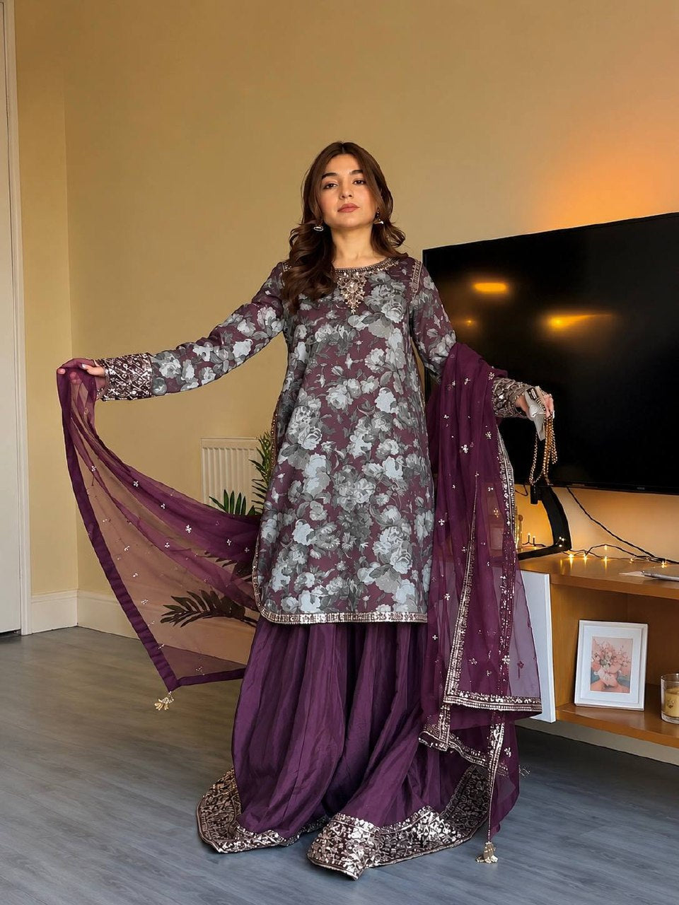 Pranvika Maslin Cotton Digital Print, Thread, Zari & 5mm Sequins Embroidered Kurti with Palazzo & Organza Silk Dupatta