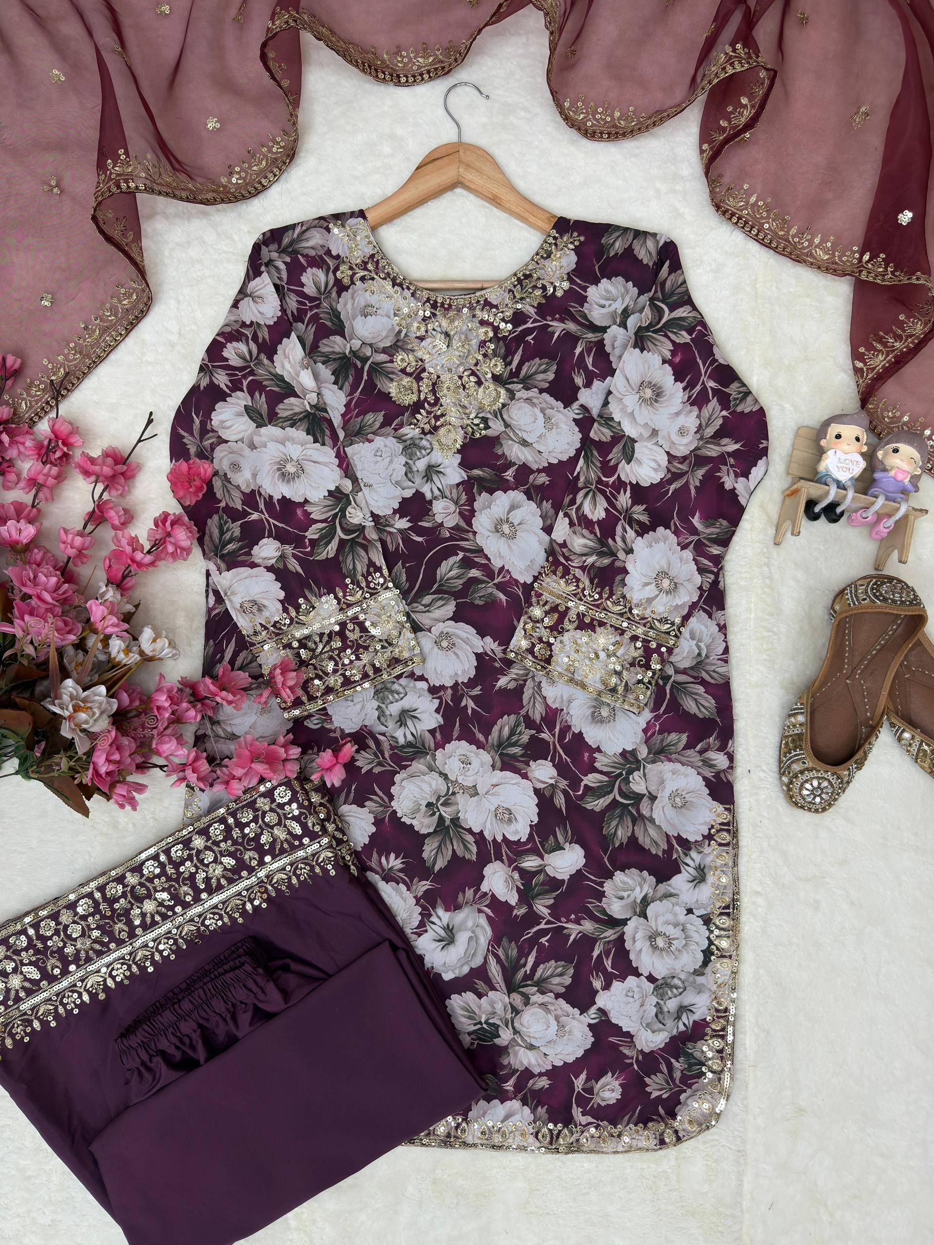 Pranvika Maslin Cotton Digital Print, Thread, Zari & 5mm Sequins Embroidered Kurti with Palazzo & Organza Silk Dupatta
