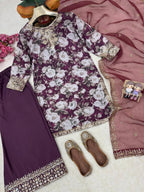 Pranvika Maslin Cotton Digital Print, Thread, Zari & 5mm Sequins Embroidered Kurti with Palazzo & Organza Silk Dupatta