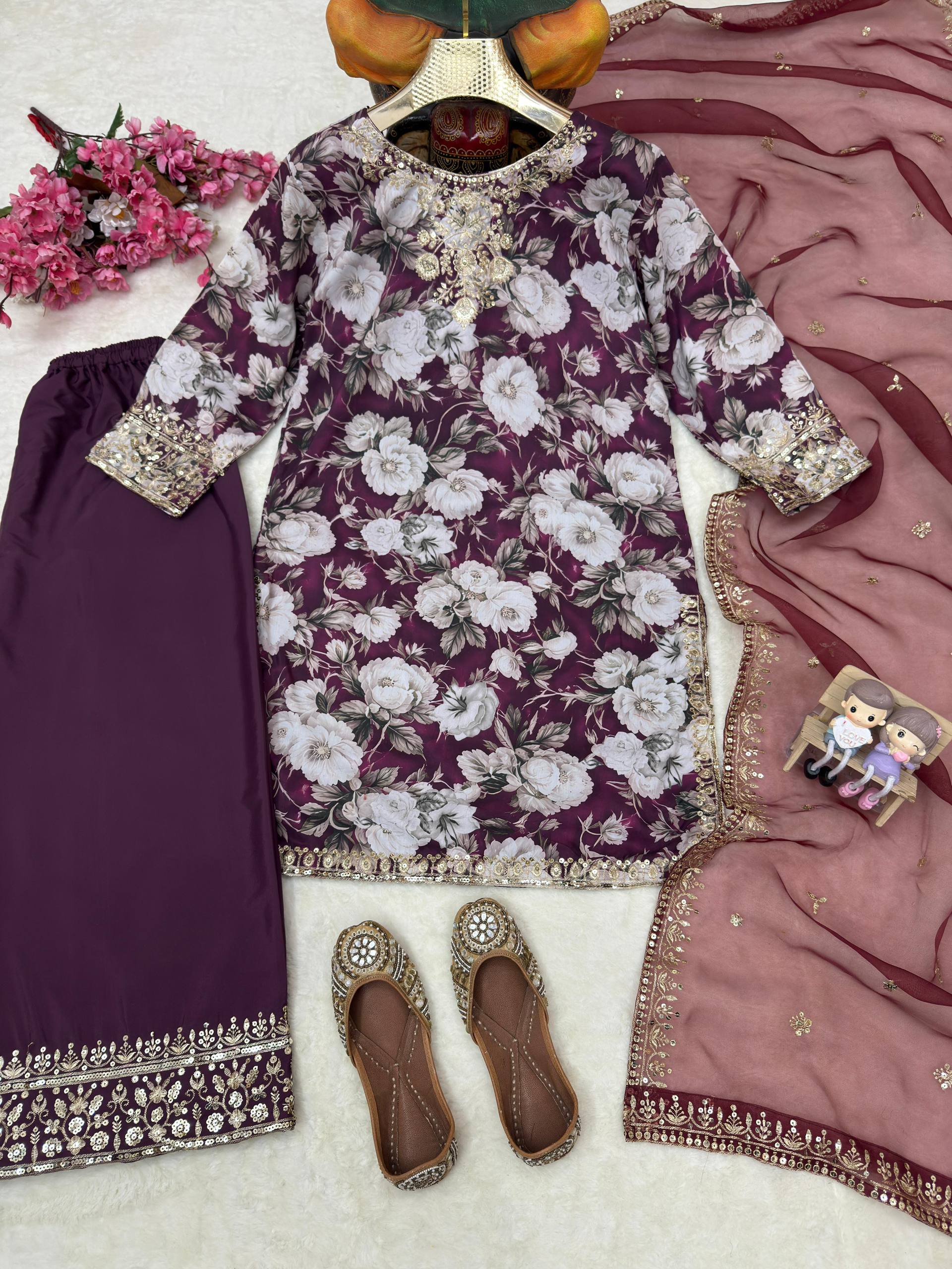 Pranvika Maslin Cotton Digital Print, Thread, Zari & 5mm Sequins Embroidered Kurti with Palazzo & Organza Silk Dupatta