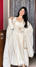 Zehnara Designer Heavy Upada Silk Embroidered Anarkali Gown with Pant & Lace Border Dupatta