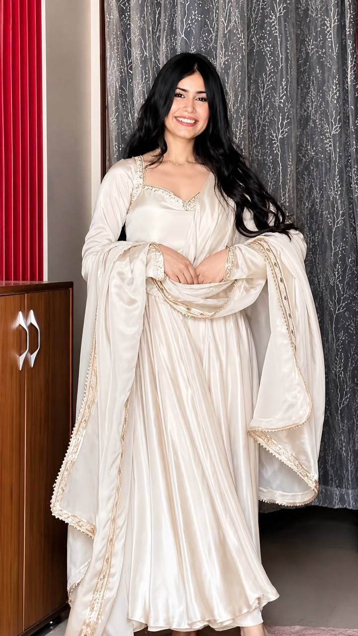 Zehnara Designer Heavy Upada Silk Embroidered Anarkali Gown with Pant & Lace Border Dupatta