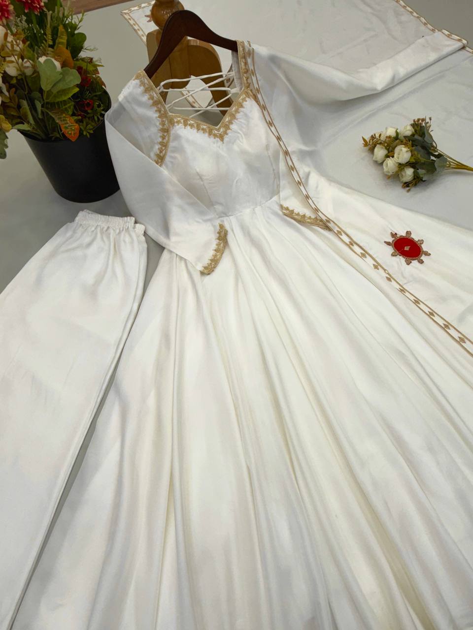 Zehnara Designer Heavy Upada Silk Embroidered Anarkali Gown with Pant & Lace Border Dupatta
