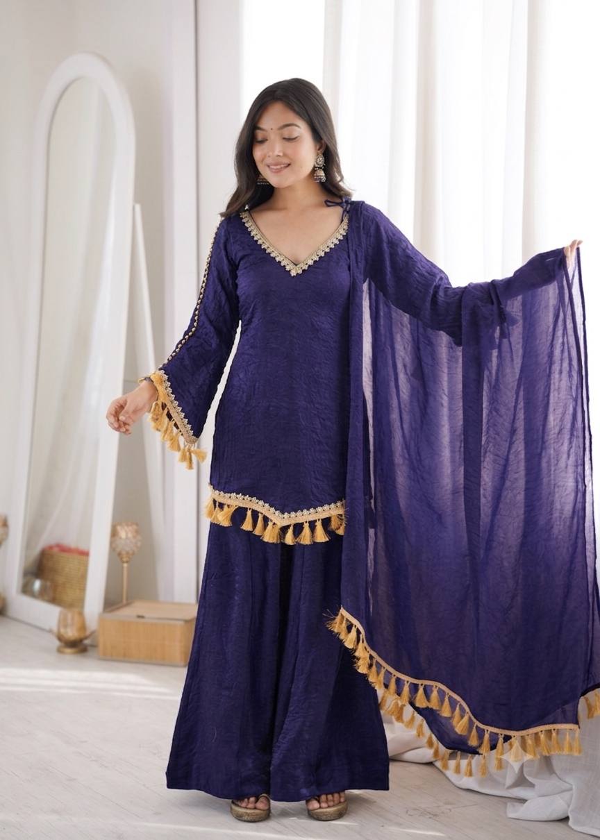 Zarisha Doremon Crush Mirror Lace Kurti Palazzo with Dupatta Set