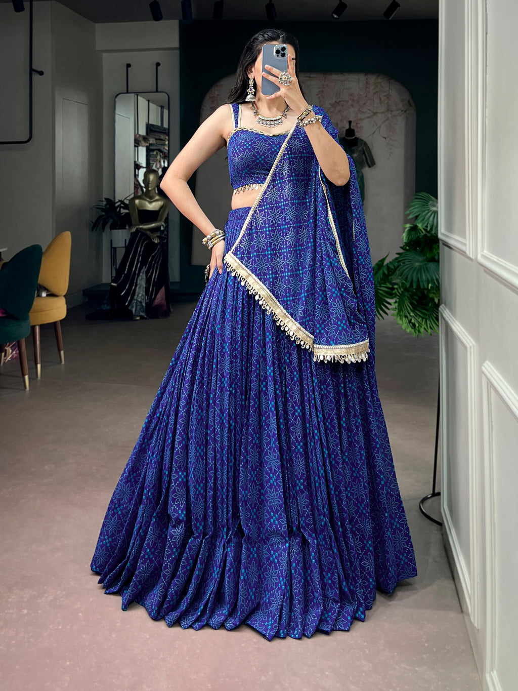 Royal Blue Georgette Bandhej Foil Print Navratri Lehenga Choli With Mirror Lace & 8 Meter Flair