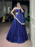 Royal Blue Georgette Bandhej Foil Print Navratri Lehenga Choli With Mirror Lace & 8 Meter Flair