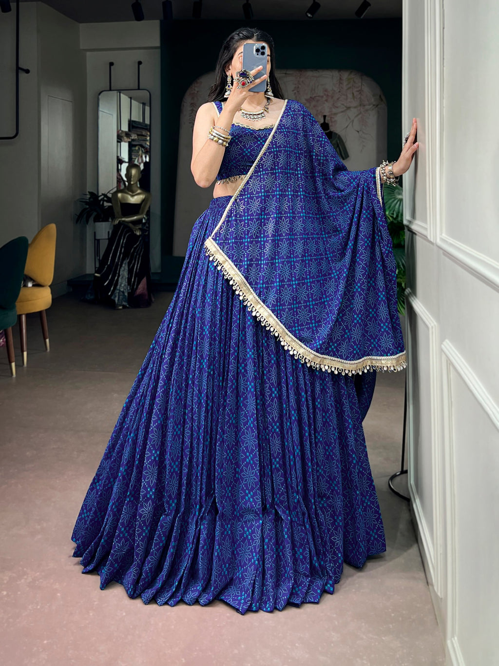 Royal Blue Georgette Bandhej Foil Print Navratri Lehenga Choli With Mirror Lace & 8 Meter Flair