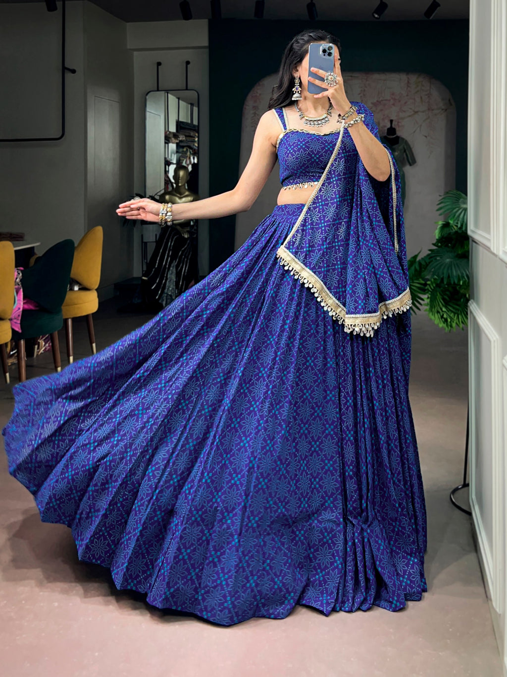 Royal Blue Georgette Bandhej Foil Print Navratri Lehenga Choli With Mirror Lace & 8 Meter Flair