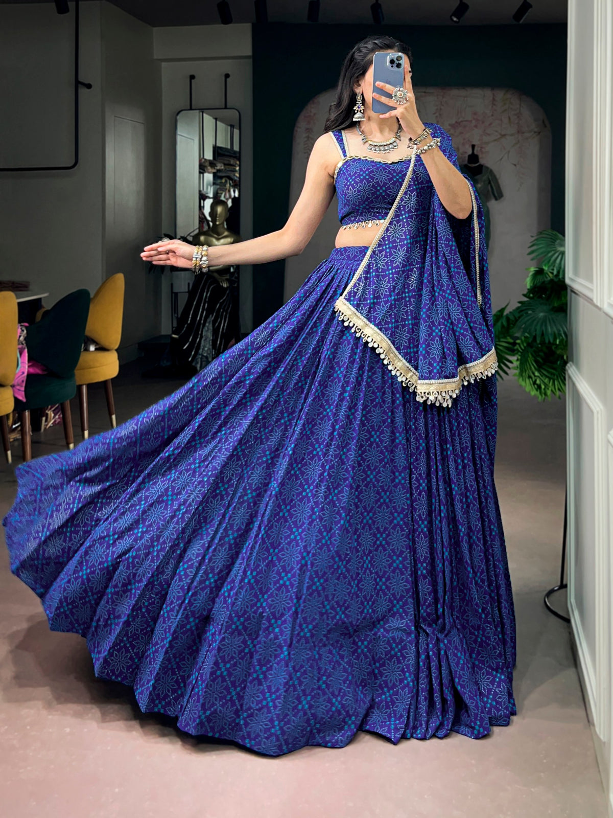 Royal Blue Georgette Bandhej Foil Print Navratri Lehenga Choli With Mirror Lace & 8 Meter Flair