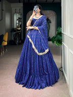 Royal Blue Georgette Bandhej Foil Print Navratri Lehenga Choli With Mirror Lace & 8 Meter Flair