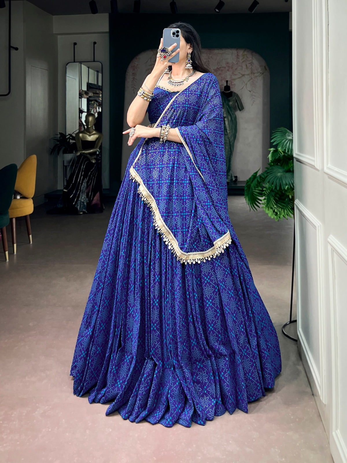 Royal Blue Georgette Bandhej Foil Print Navratri Lehenga Choli With Mirror Lace & 8 Meter Flair