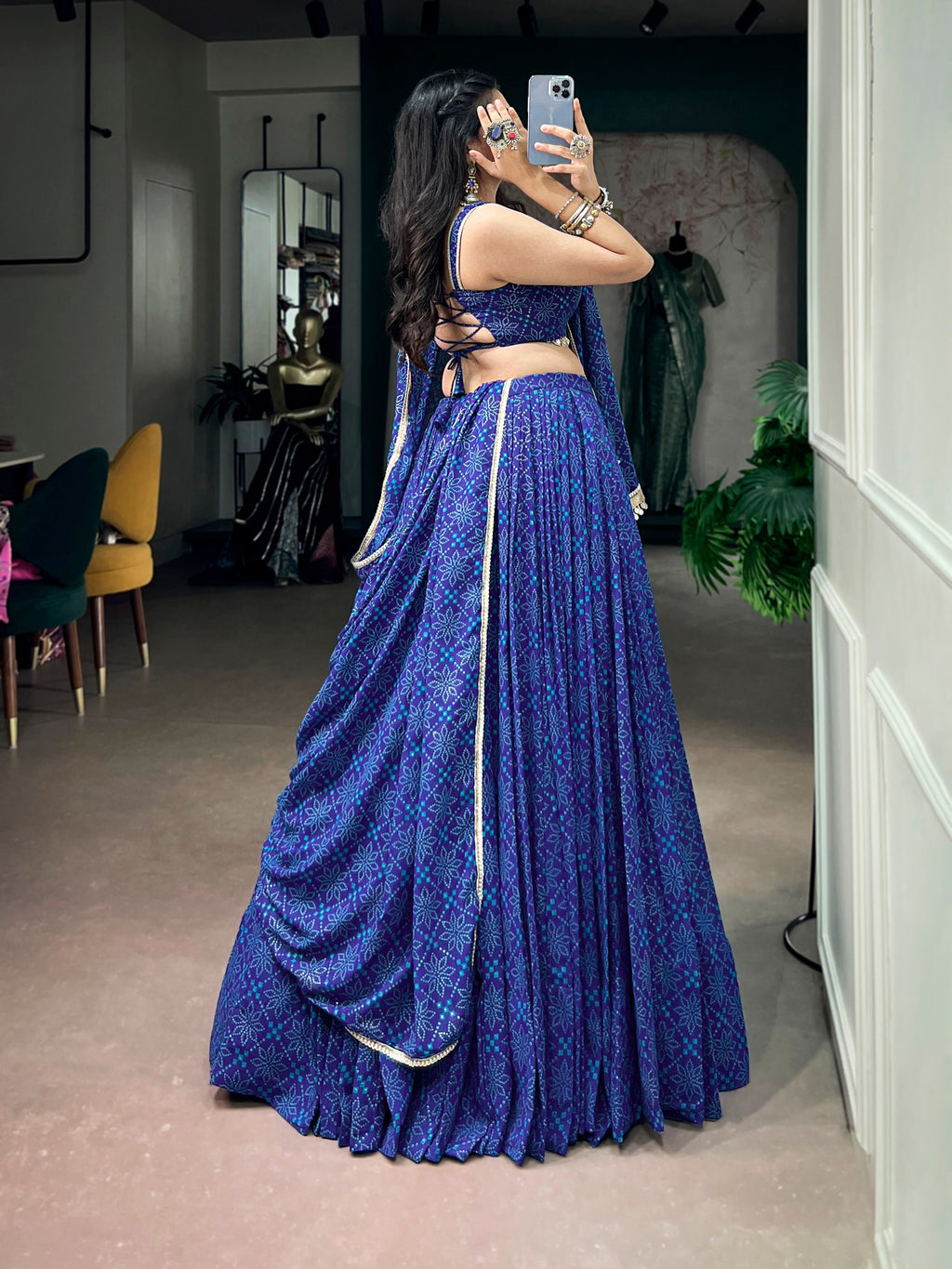 Royal Blue Georgette Bandhej Foil Print Navratri Lehenga Choli With Mirror Lace & 8 Meter Flair