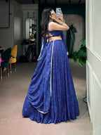 Royal Blue Georgette Bandhej Foil Print Navratri Lehenga Choli With Mirror Lace & 8 Meter Flair