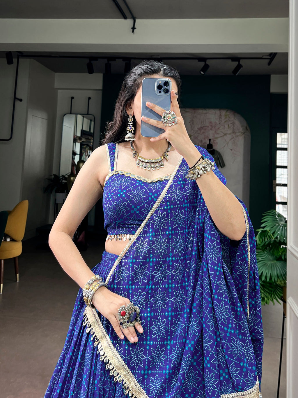 Royal Blue Georgette Bandhej Foil Print Navratri Lehenga Choli With Mirror Lace & 8 Meter Flair