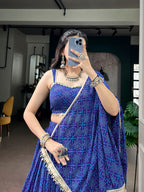 Royal Blue Georgette Bandhej Foil Print Navratri Lehenga Choli With Mirror Lace & 8 Meter Flair