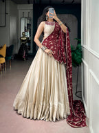 Monga Silk Premium Garba Lehenga Choli With Real Mirror Work Blouse & Mirror Lace Dupatta