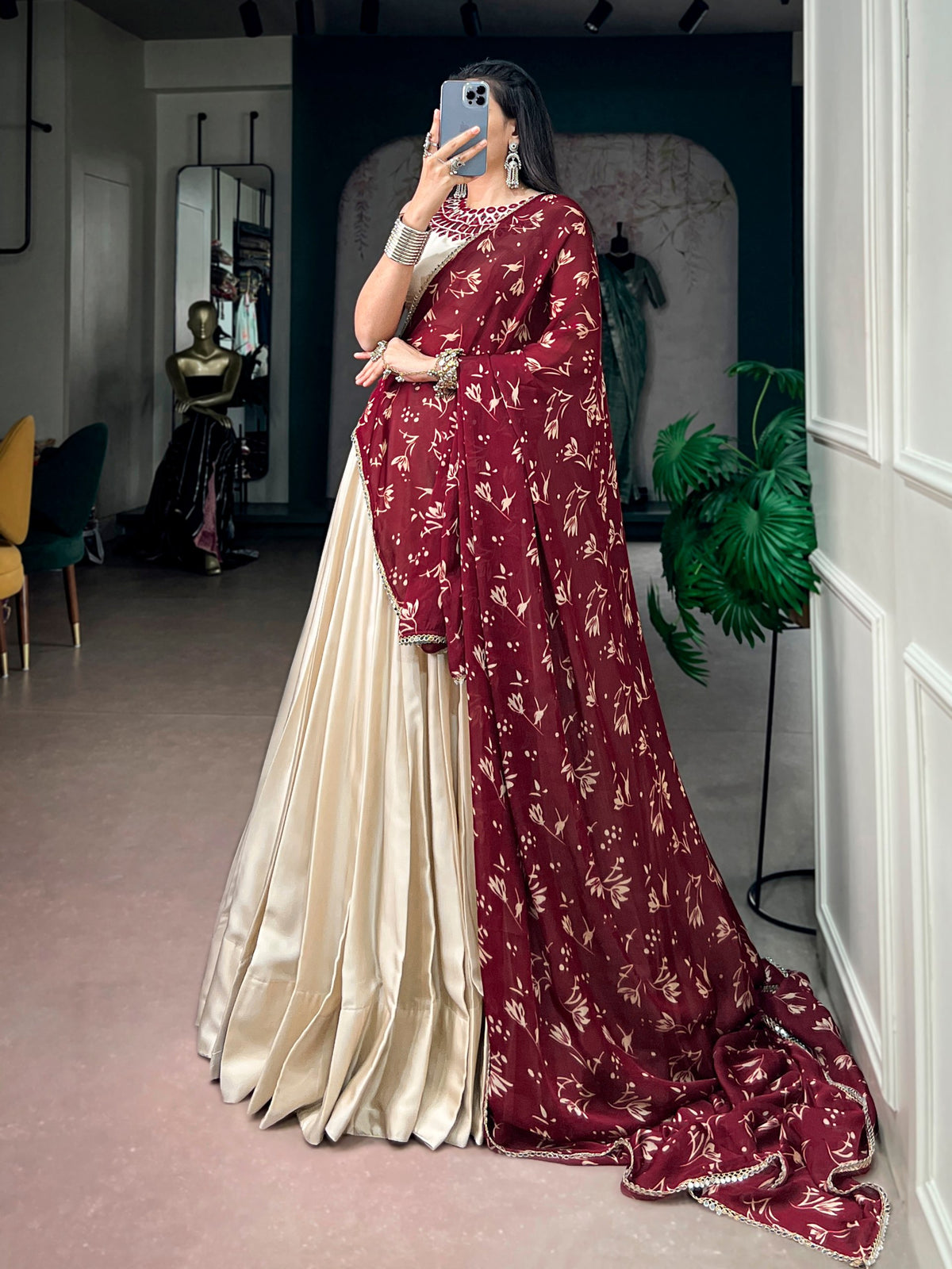 Monga Silk Premium Garba Lehenga Choli With Real Mirror Work Blouse & Mirror Lace Dupatta
