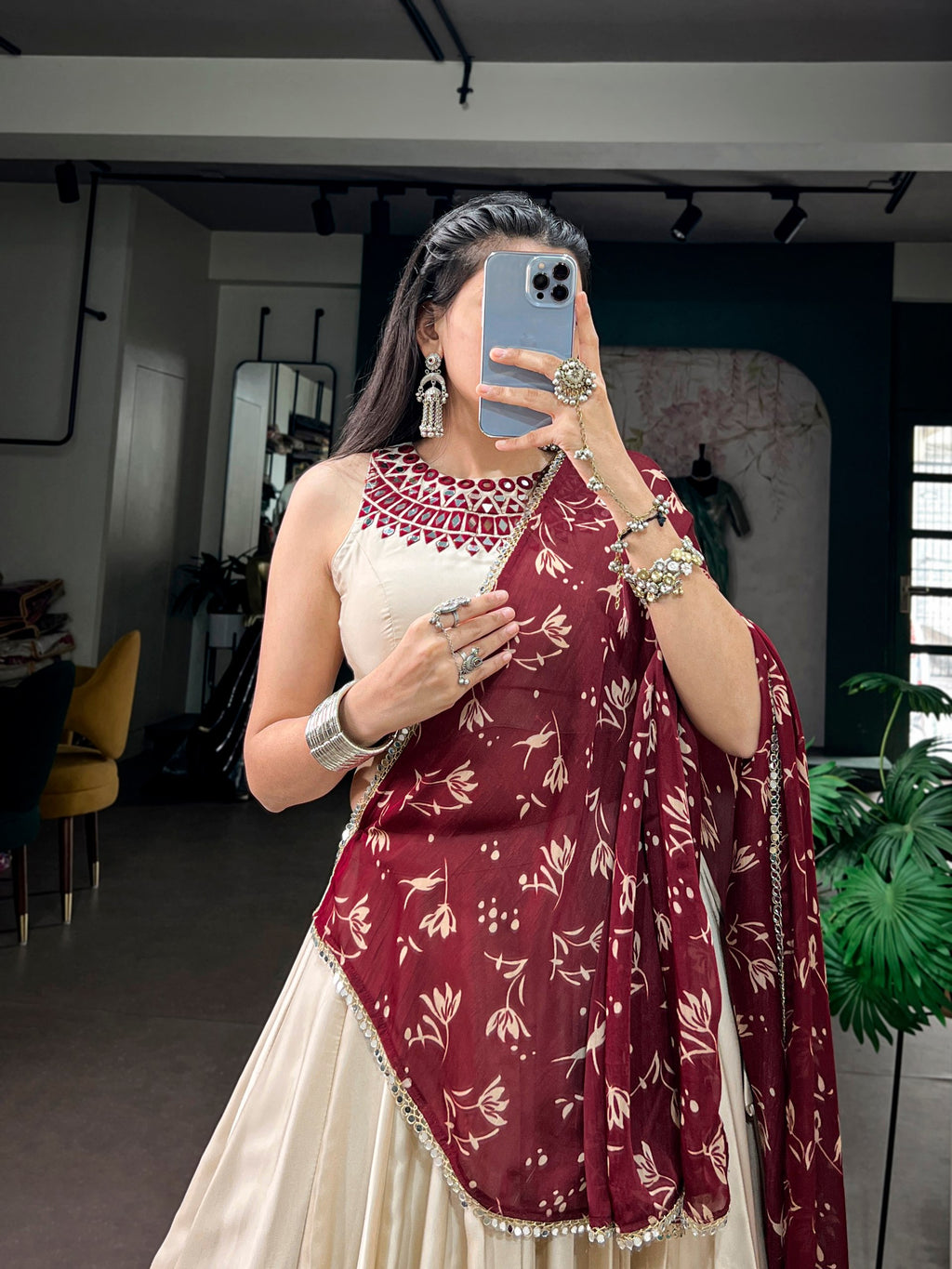 Monga Silk Premium Garba Lehenga Choli With Real Mirror Work Blouse & Mirror Lace Dupatta