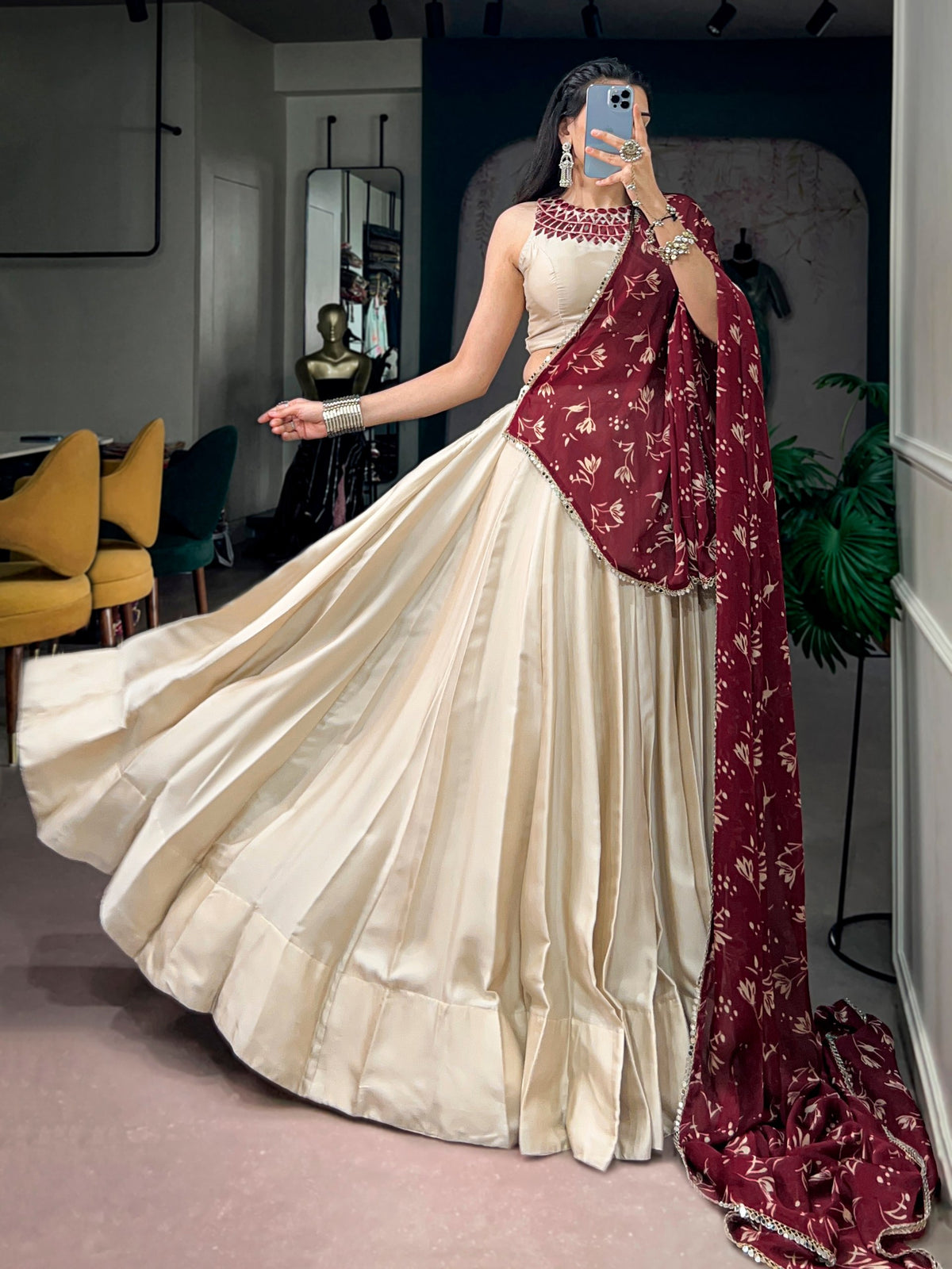 Monga Silk Premium Garba Lehenga Choli With Real Mirror Work Blouse & Mirror Lace Dupatta