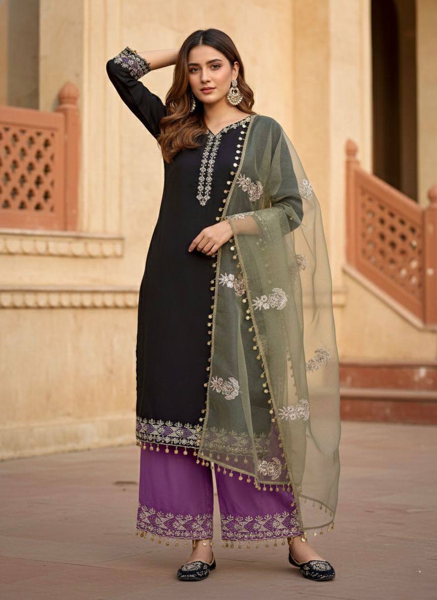 Samyra Heavy Roman Silk Embroidered Sequins Gown with Bottom & Organza Dupatta Set