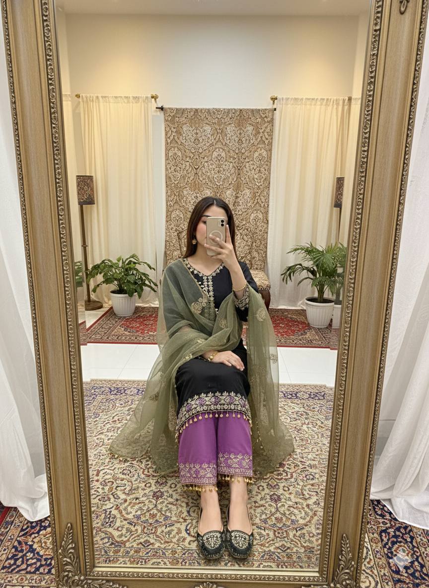 Samyra Heavy Roman Silk Embroidered Sequins Gown with Bottom & Organza Dupatta Set