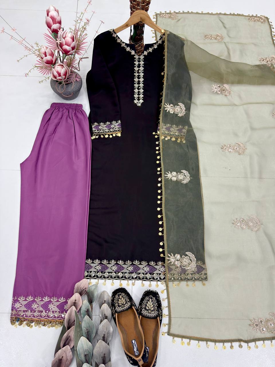 Samyra Heavy Roman Silk Embroidered Sequins Gown with Bottom & Organza Dupatta Set