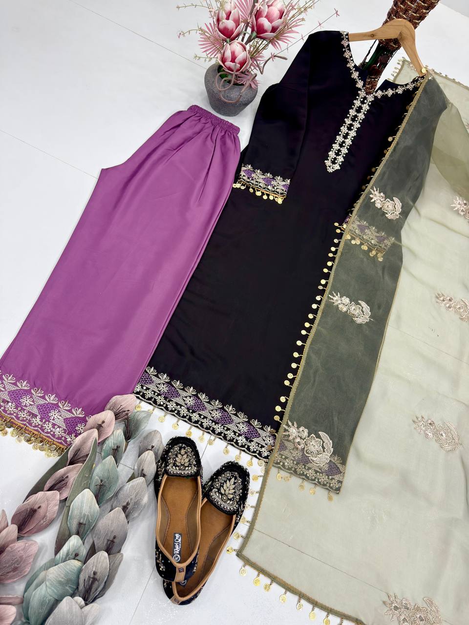 Samyra Heavy Roman Silk Embroidered Sequins Gown with Bottom & Organza Dupatta Set