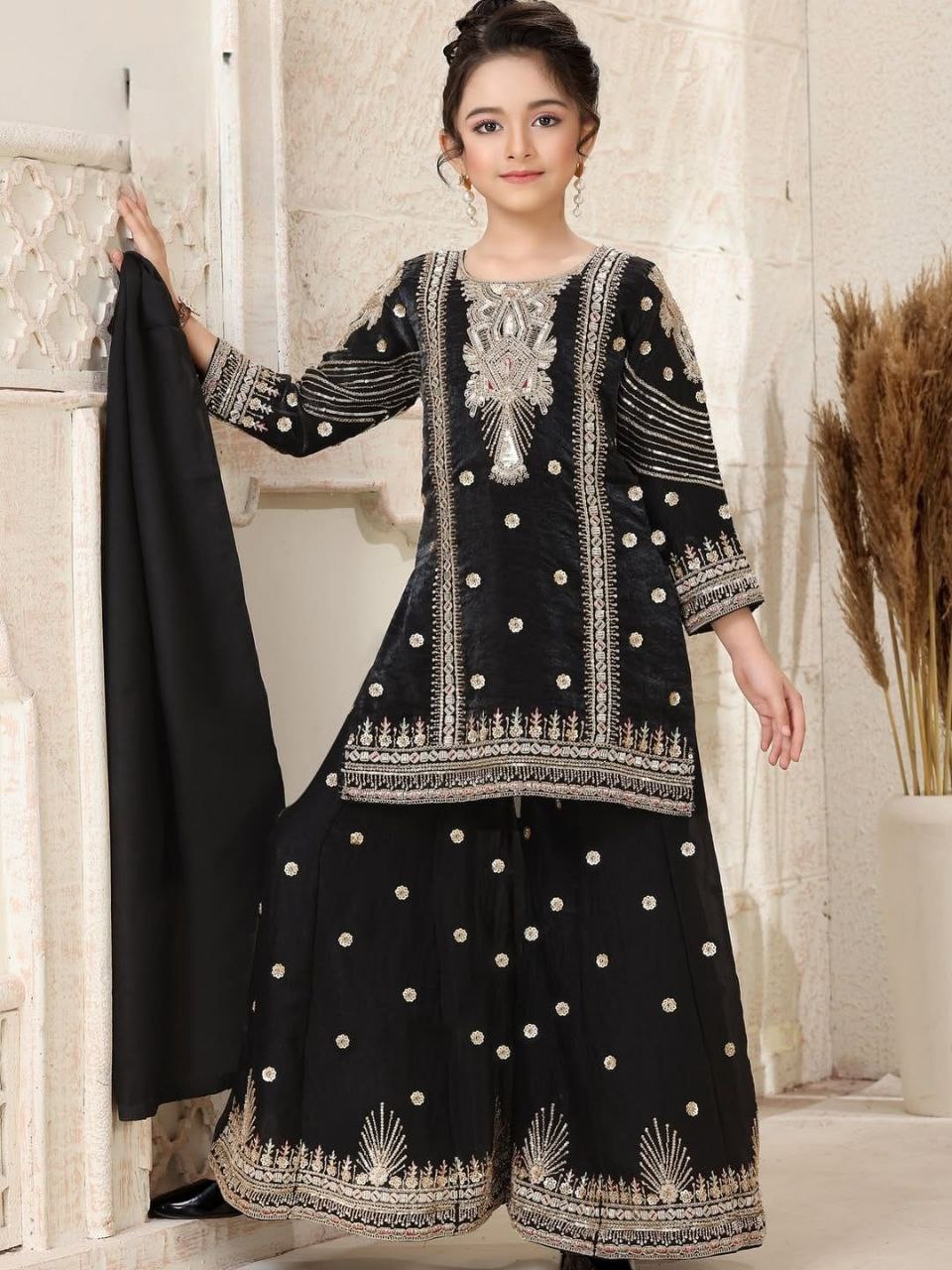 Vaishnavi Silk Sequins Embroidered Palazzo Suit with Dupatta For Kids