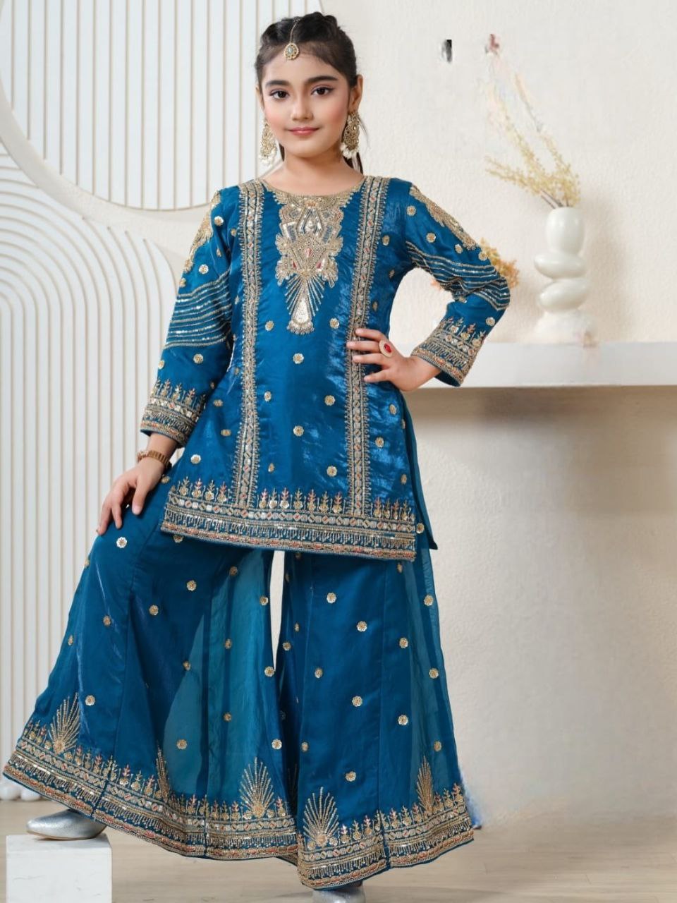 Vaishnavi Silk Sequins Embroidered Palazzo Suit with Dupatta For Kids