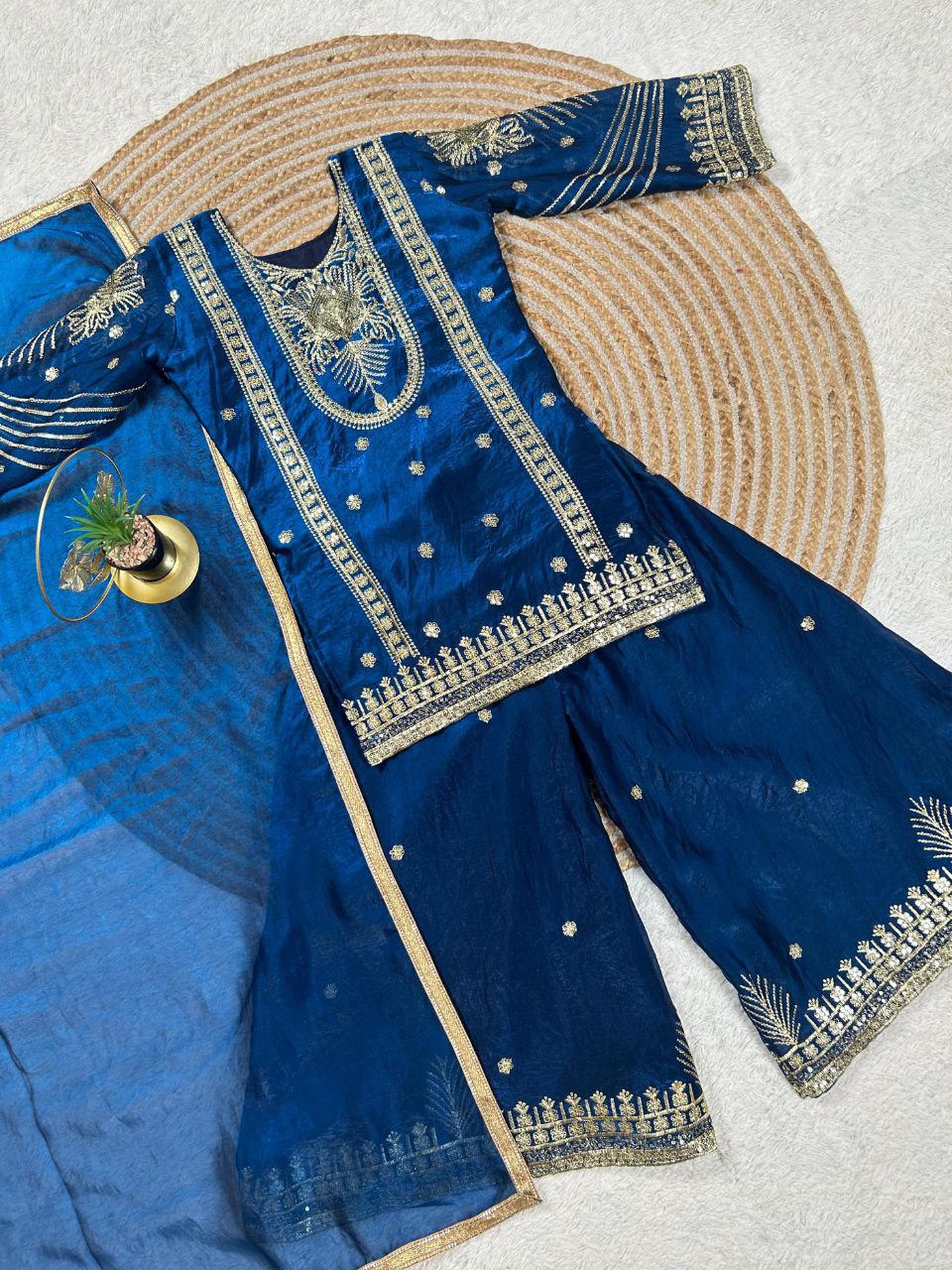 Vaishnavi Silk Sequins Embroidered Palazzo Suit with Dupatta For Kids